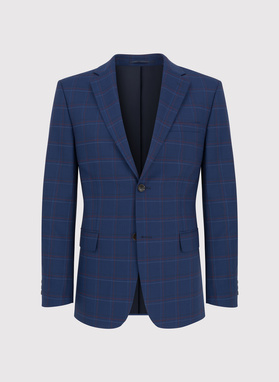 Dwuczęściowy granatowy garnitur męski w czerwono-białą kratę