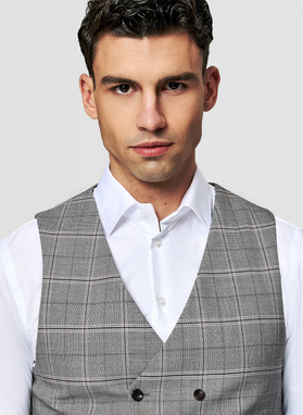 Szara dwurzędowa kamizelka w kratę