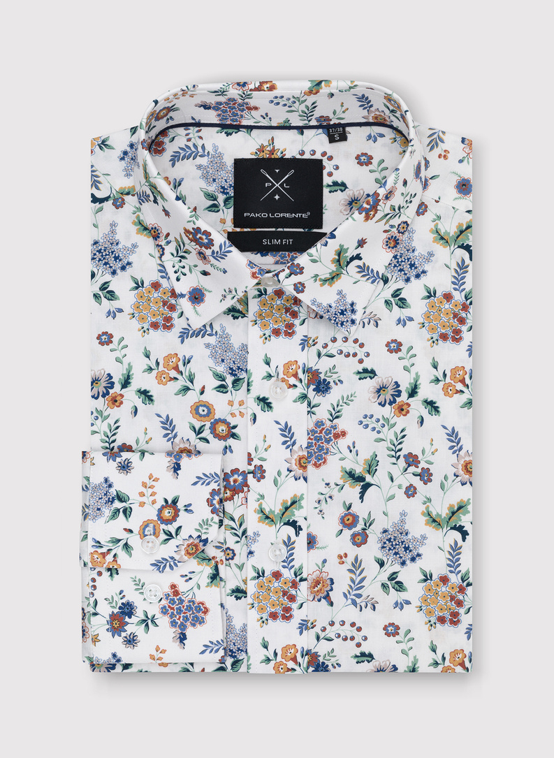 Biała męska koszula w kwiaty 