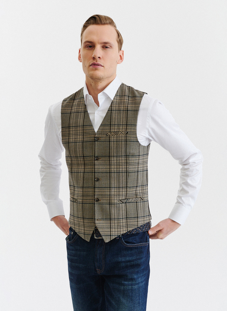 Kamizelka męska w beżowo-brązową kratę