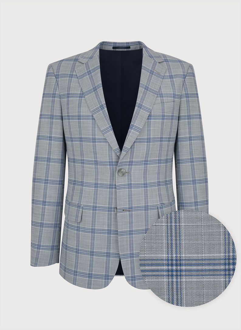Szara marynarka garniturowa w niebiesko-białą kratę