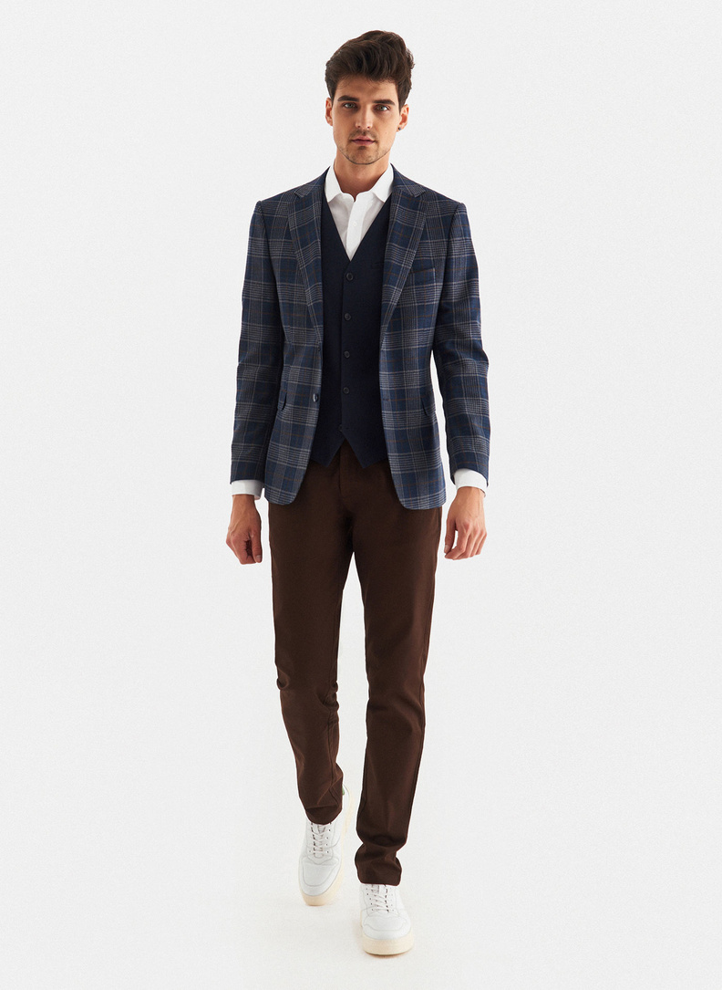 Granatowa casualowa marynarka męska w kratę 