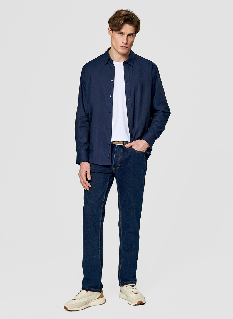 Granatowa koszula męska z lnem