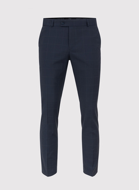 Granatowy garnitur dwurzędowy w subtelną kratę