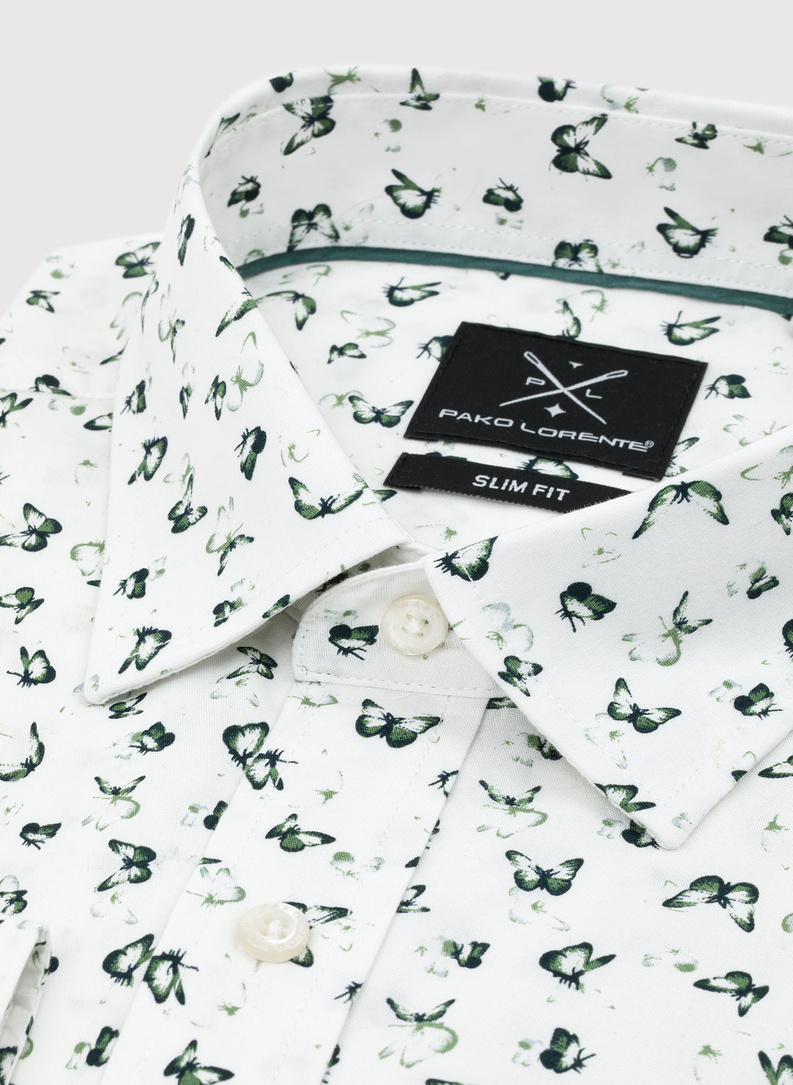 Biała koszula męska w zielone motylki
