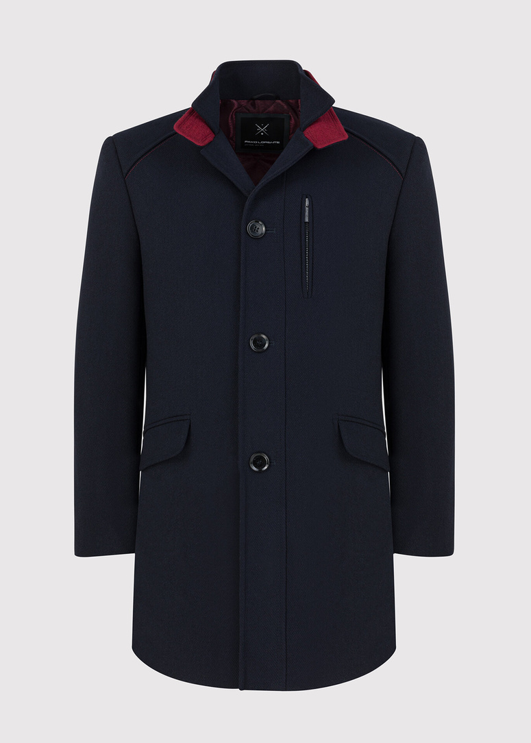 Granatowy płaszcz męski z podwójnym kołnierzem