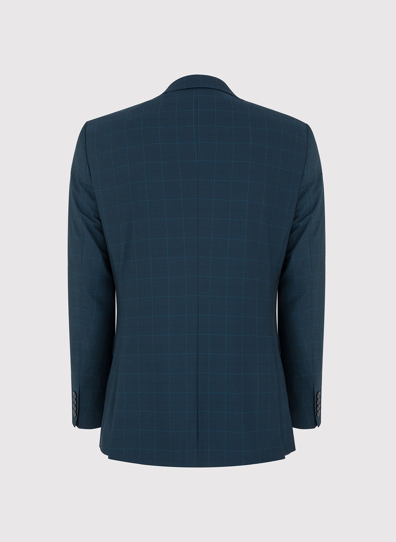 Granatowy garnitur w delikatną niebieską kratkę