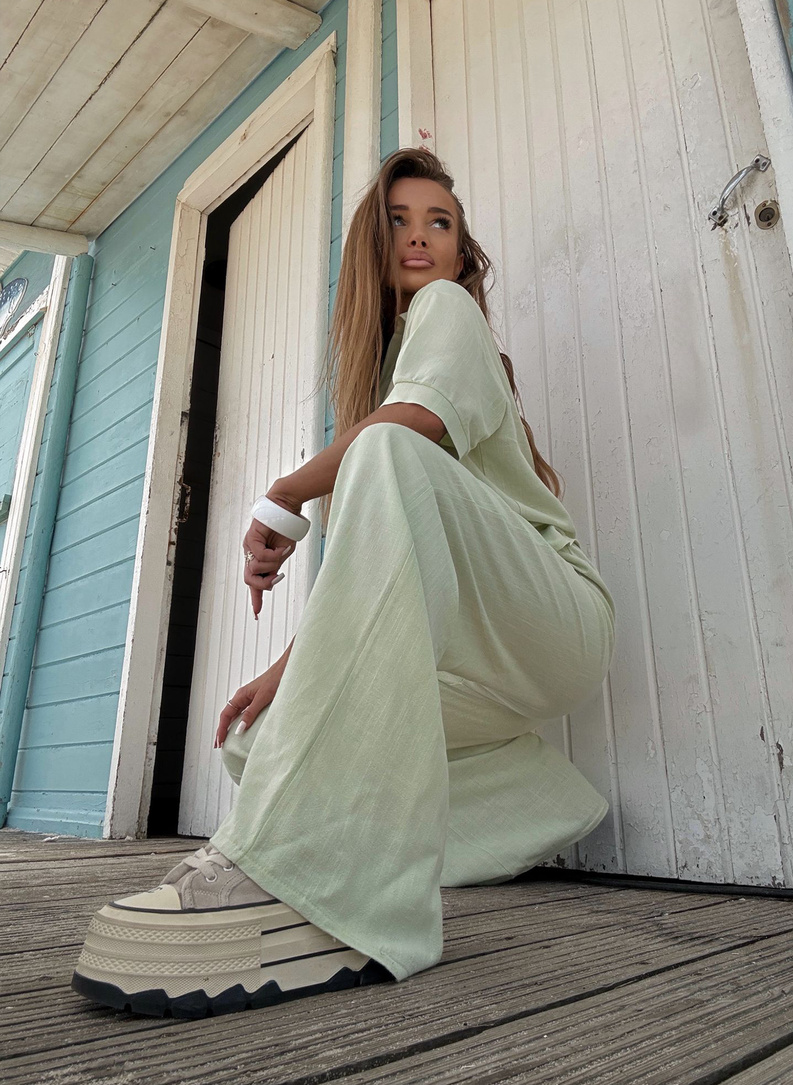 Lniany komplet damski CELEBRYTKA pistacja