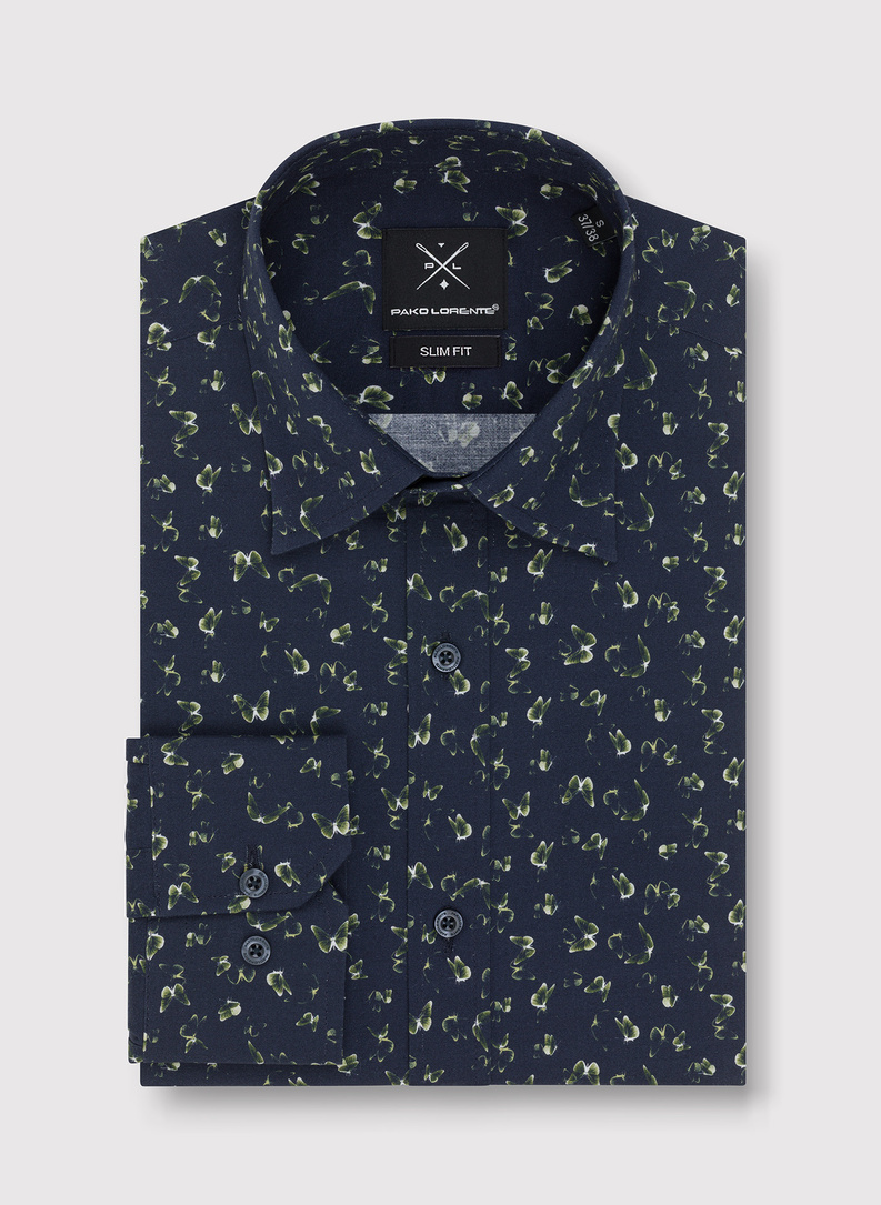 Granatowa koszula męska w zielone motyle