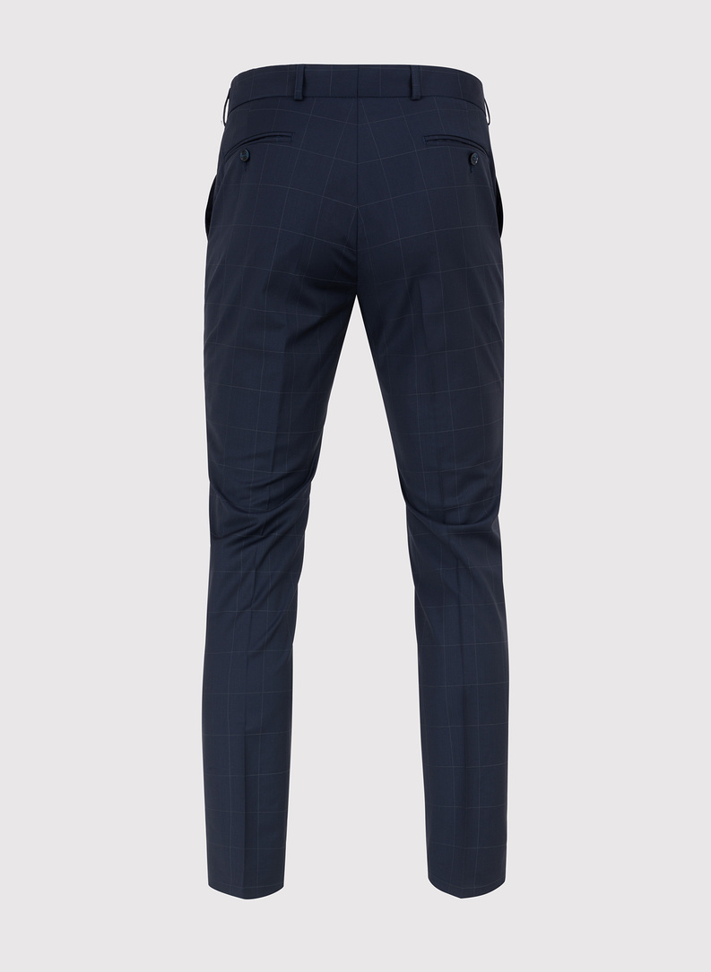 Granatowy garnitur dwurzędowy w subtelną kratę