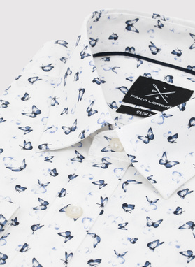 Biała koszula męska w granatowe motylki