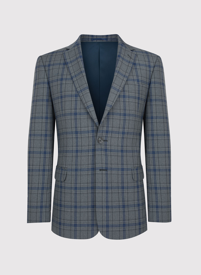 Szary wełniany garnitur w kratkę