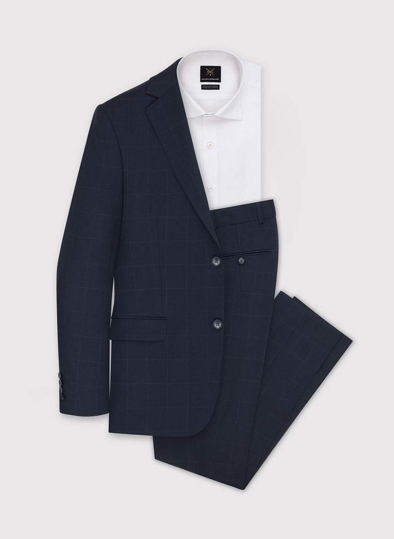 Granatowy wełniany garnitur w kratę