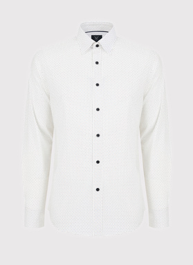 Biała koszula w granatowo-beżowy mikrowzór