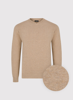 Beżowy sweter męski z dekoltem w serek