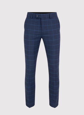 Dwuczęściowy granatowy garnitur męski w niebieską kratę