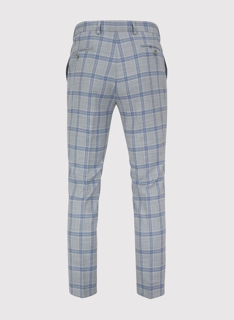 Szary garnitur męski w niebiesko-białą kratę