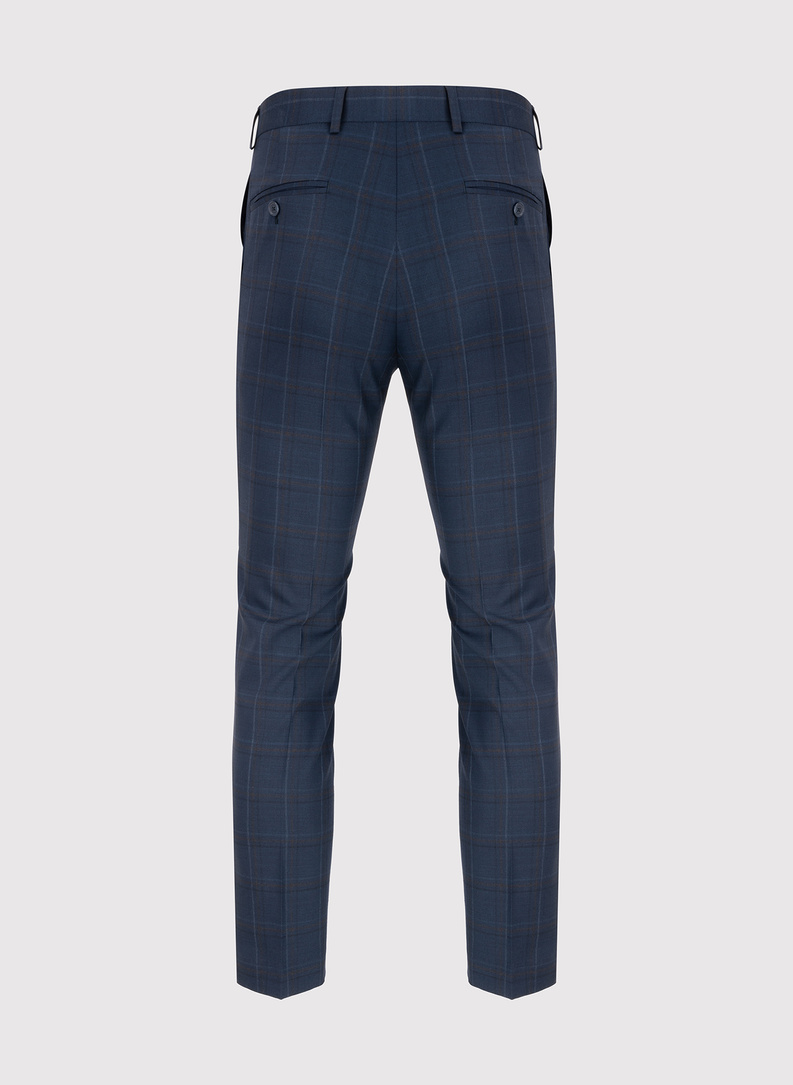 Dwuczęściowy granatowy garnitur męski w kraciasty deseń