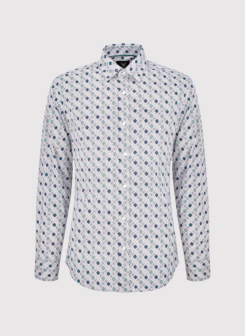 Męska koszula w kolorze białym w granatowo-zielony wzór