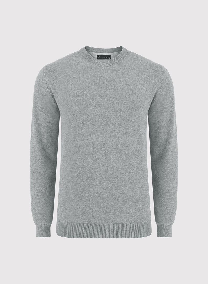 Jasnoszary męski sweter w serek 