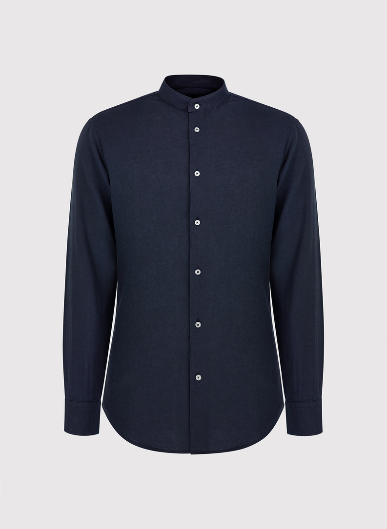 Lniana granatowa koszula męska ze stójką