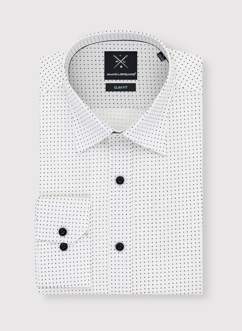 Biała koszula w granatowo-beżowy mikrowzór