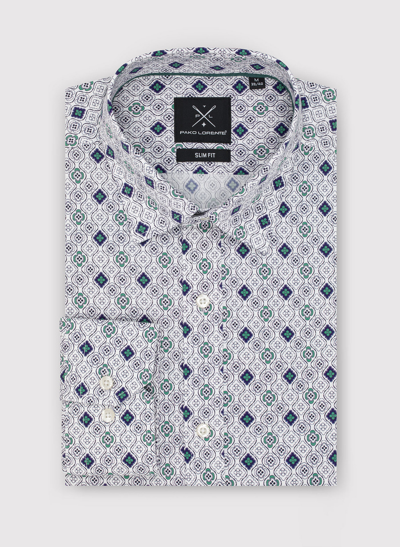 Męska koszula w kolorze białym w granatowo-zielony wzór