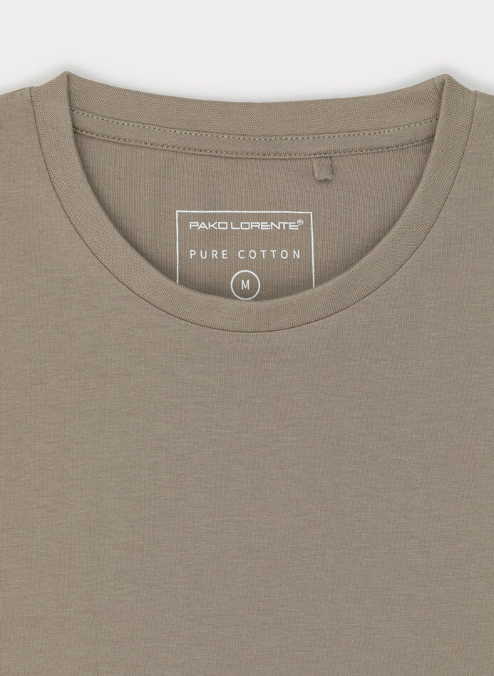 Bawełniany beżowy t-shirt z okrągłym dekoltem