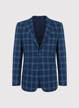 Granatowy garnitur męski w niebieską kratę