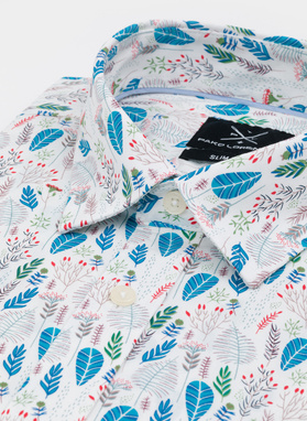 Biała koszula męska na krótki rękaw w kolorowy roślinny deseń