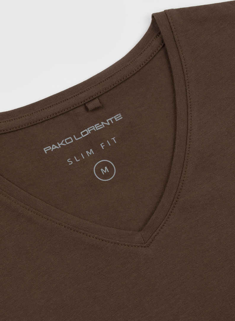 Brązowy gładki t-shirt v-neck