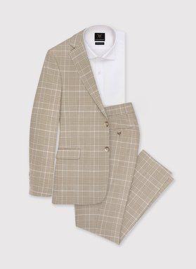 Beżowy garnitur męski w kratkę