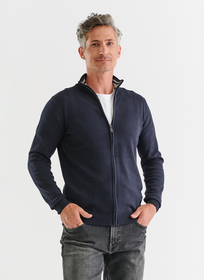 Granatowy rozpinany sweter męski ze stójką