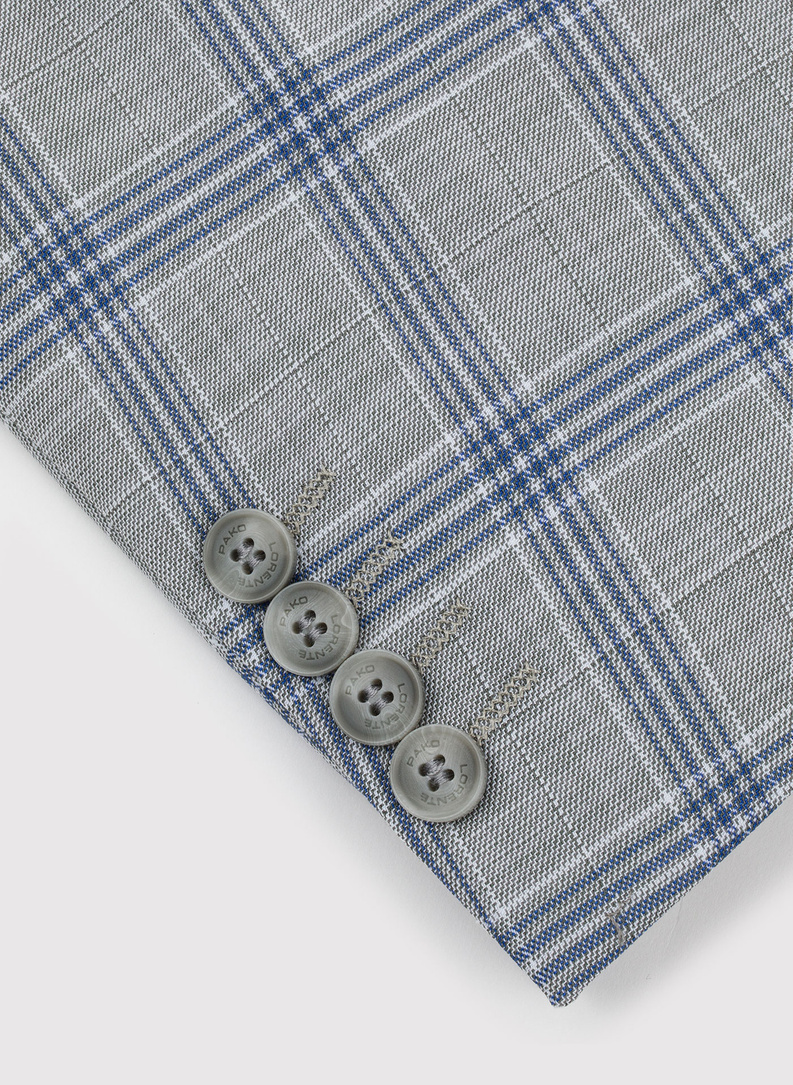 Szara marynarka garniturowa w niebiesko-białą kratę