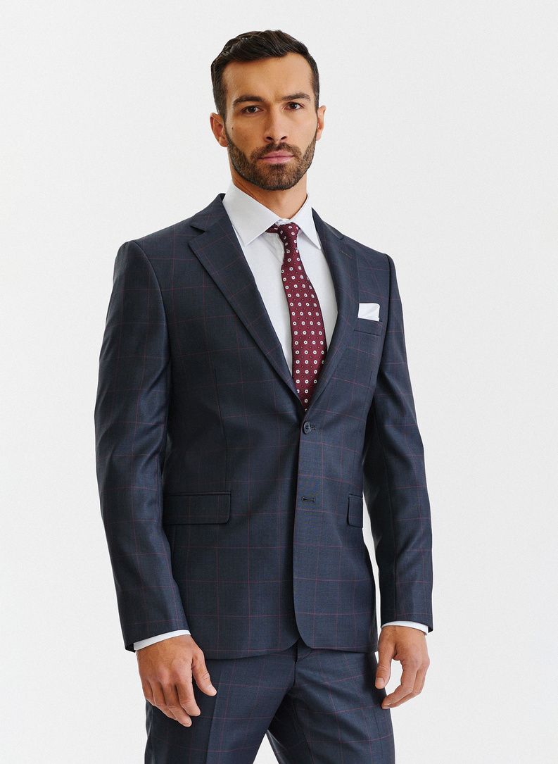 Granatowa marynarka garniturowa w bordową kratę Windowpane