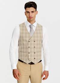 Dwurzędowa beżowa kamizelka w kratkę