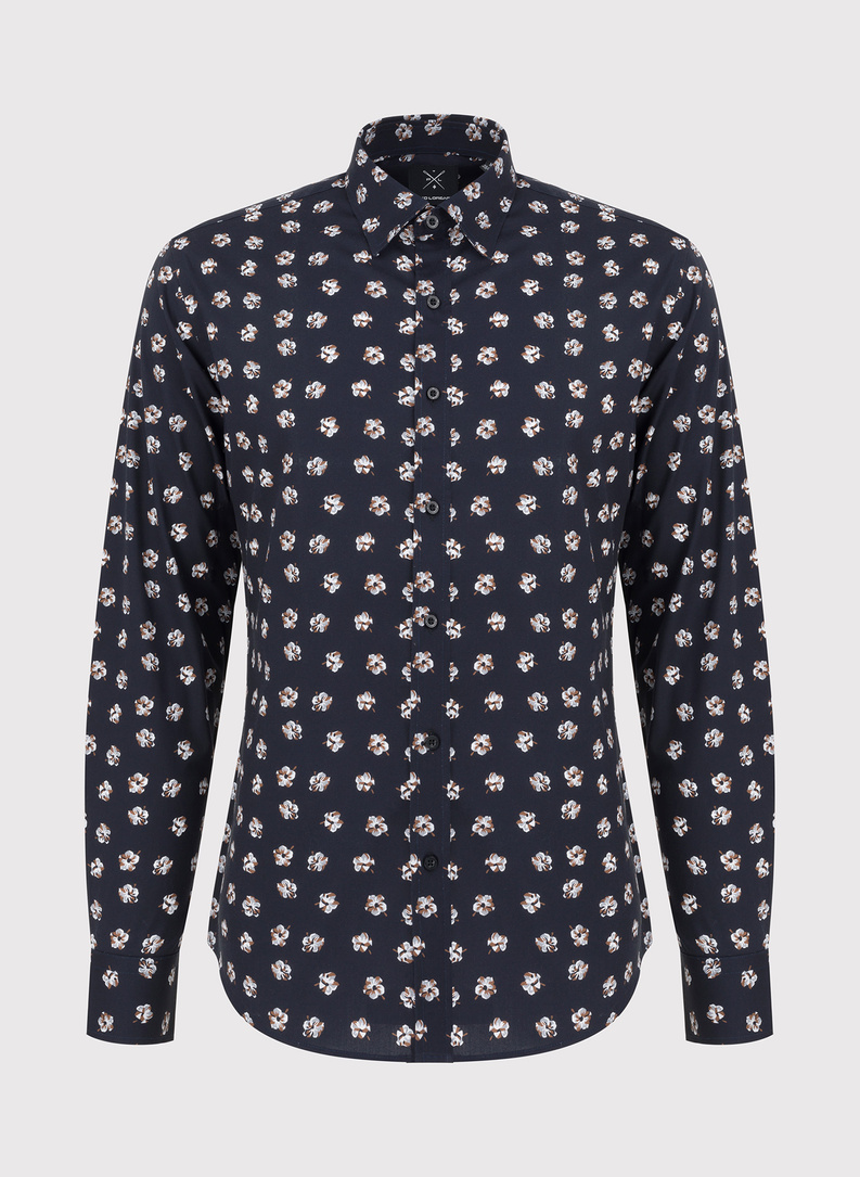Granatowa koszula męska w wyraziste kwiaty