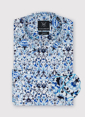 Biała koszula męska w niebieski roślinny wzór