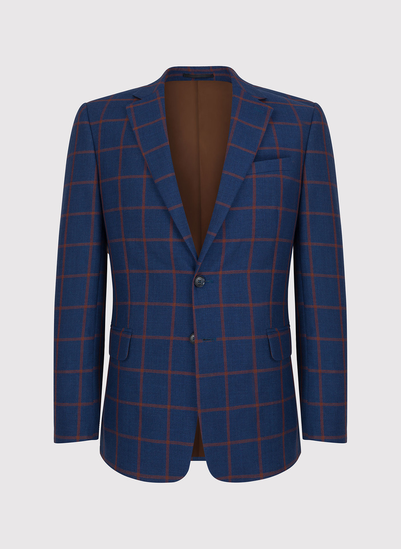 Granatowa casualowa marynarka męska w rudą kratę