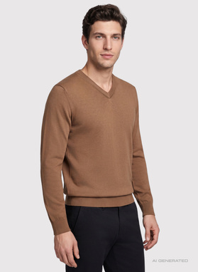 Kamelowy sweter męski w serek