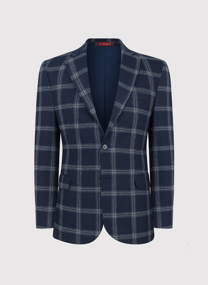 Granatowa marynarka casual w jasną kratkę