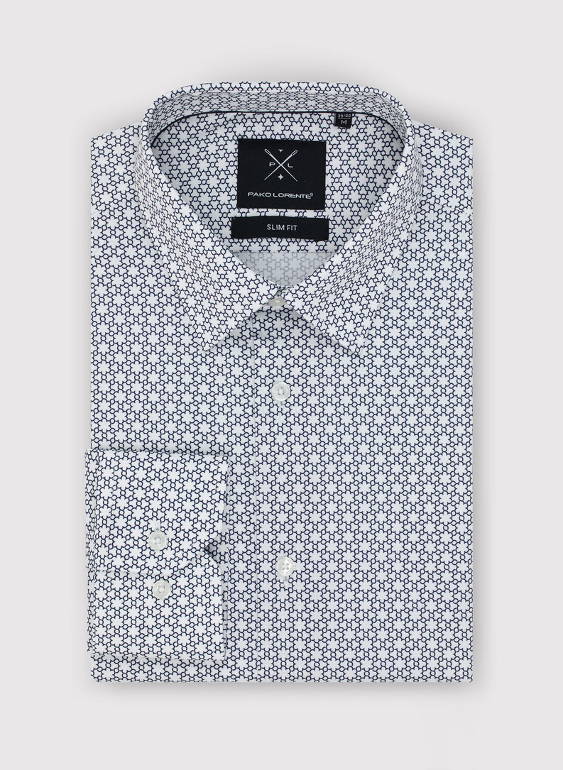 Biała koszula męska w granatowy wzór 