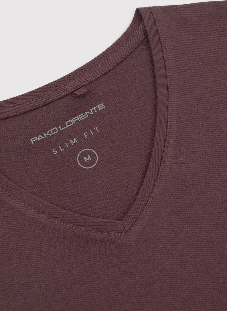Bordowy gładki t-shirt v-neck