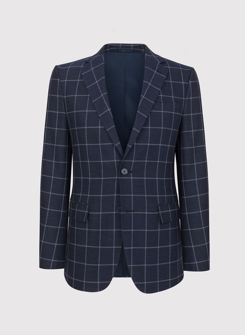 Casualowa granatowa marynarka w jasną kratę