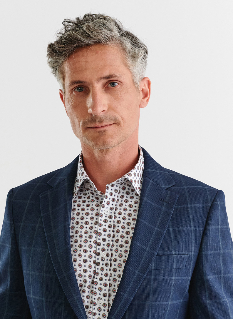 Granatowa marynarka garniturowa w kratę