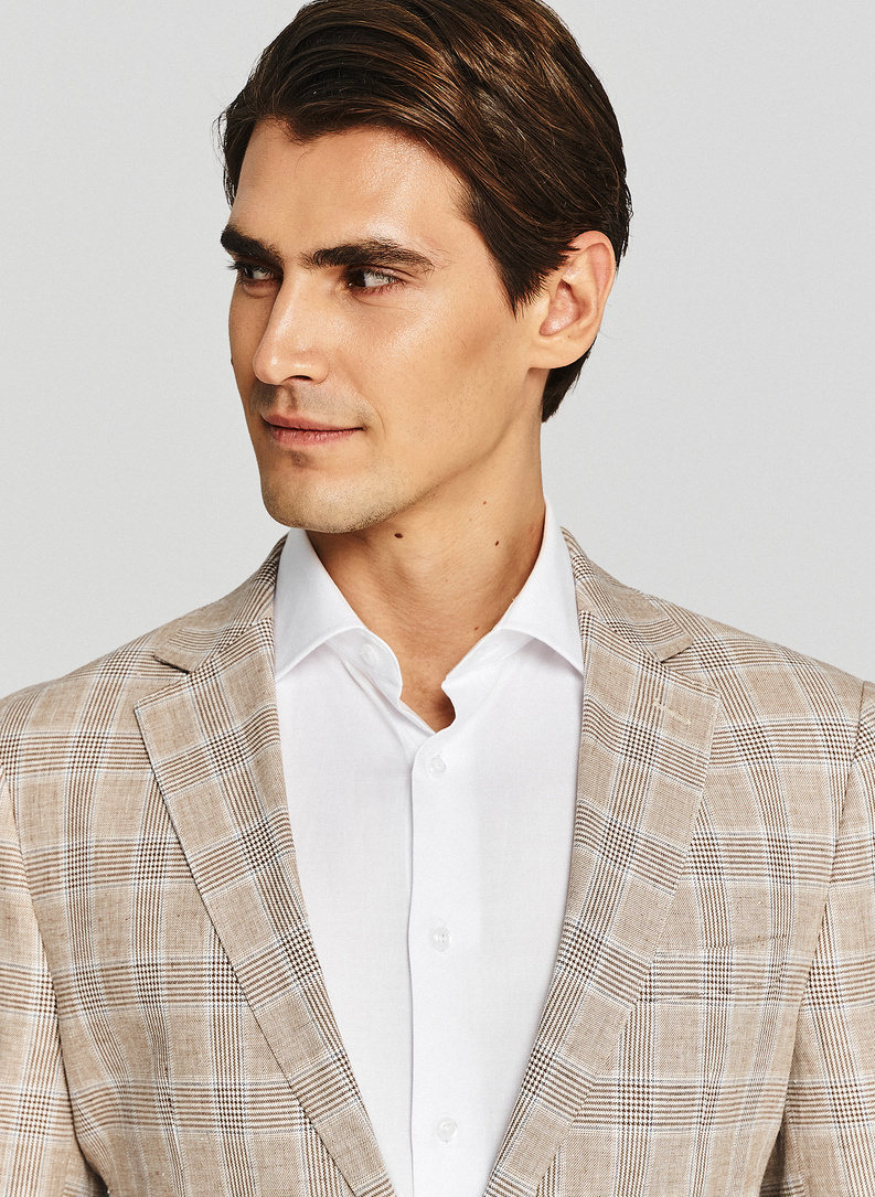 Beżowa marynarka w kratkę z lnem i bawełną