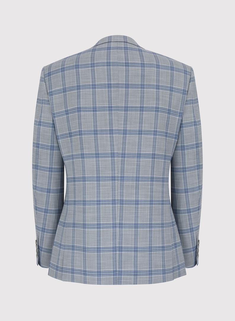 Szary garnitur męski w niebiesko-białą kratę