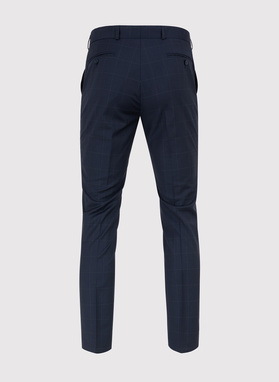 Granatowy garnitur dwurzędowy w subtelną kratę