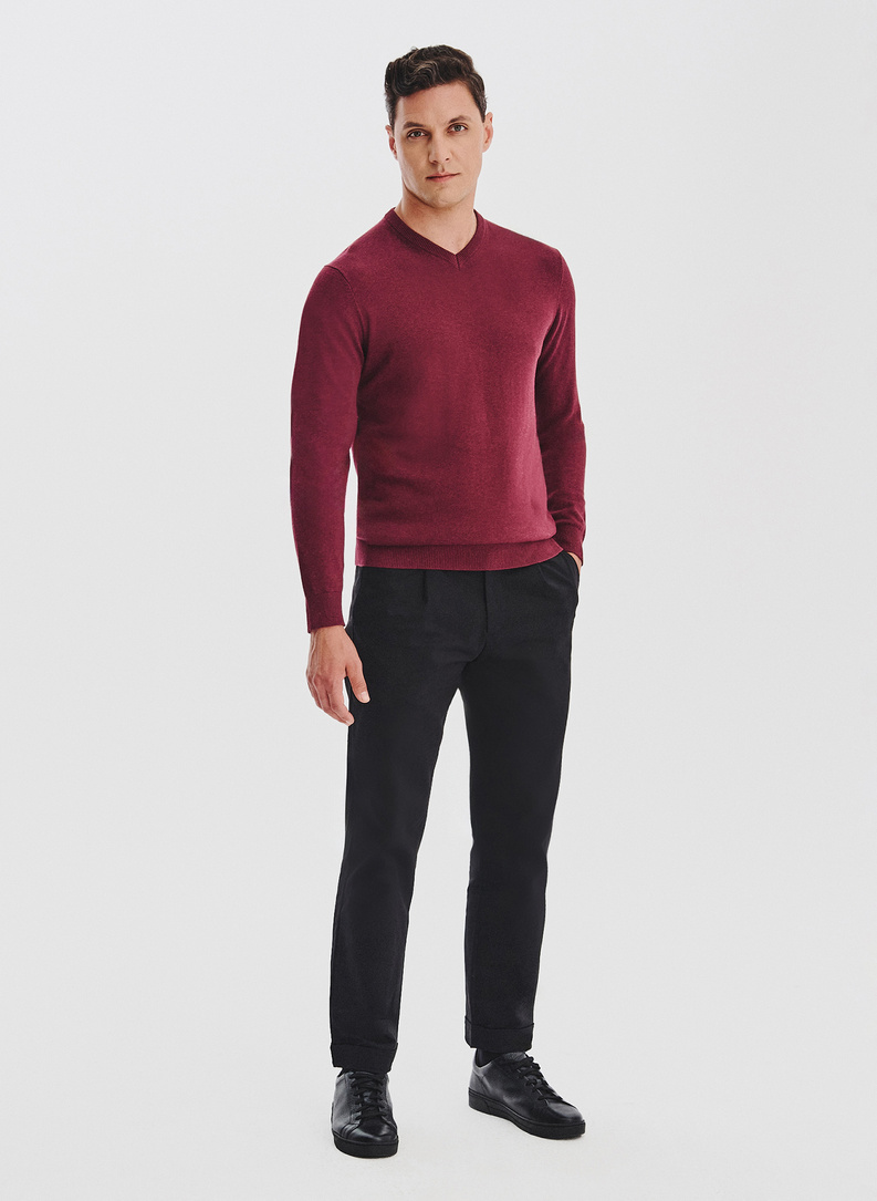Bordowy sweter męski v-neck