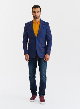 Granatowa casualowa marynarka męska w rudą kratę